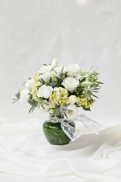 Vaso Vidro com Broto de Hortênsia e Lisianthus